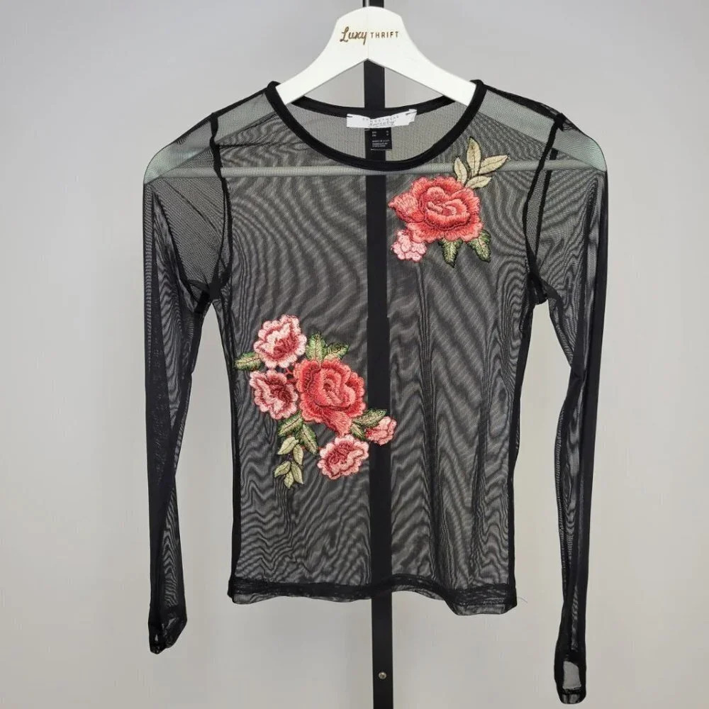 Black Sheer Long Sleeve Top with Rose Embroidery